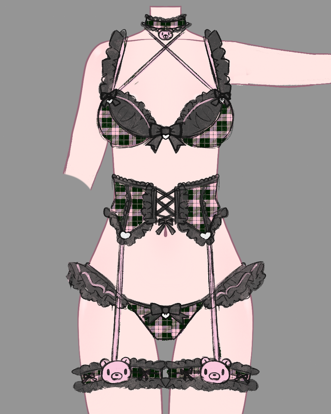 Gloomy Bear Jirai Kei Plaid Top/Waist and Underwear