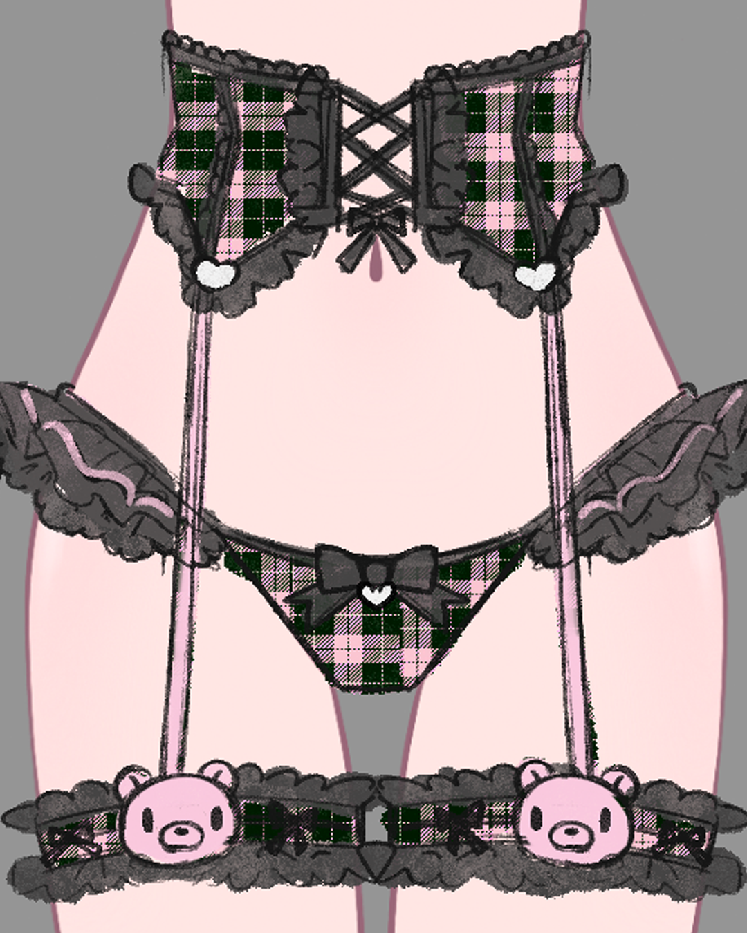 Gloomy Bear Jirai Kei Plaid Top/Waist and Underwear