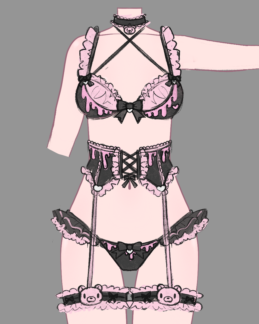 Gloomy Bear Jirai Kei Pink Blood and Black Top/Waist and Underwear