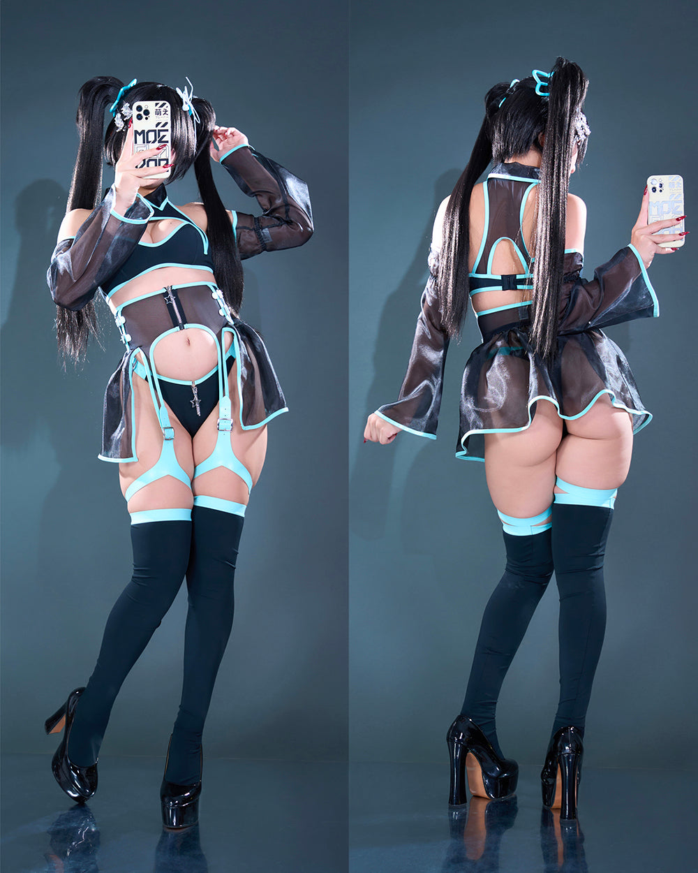 Pixel Kiss - Mesh Cyber Girl Lingerie Dress with Garters