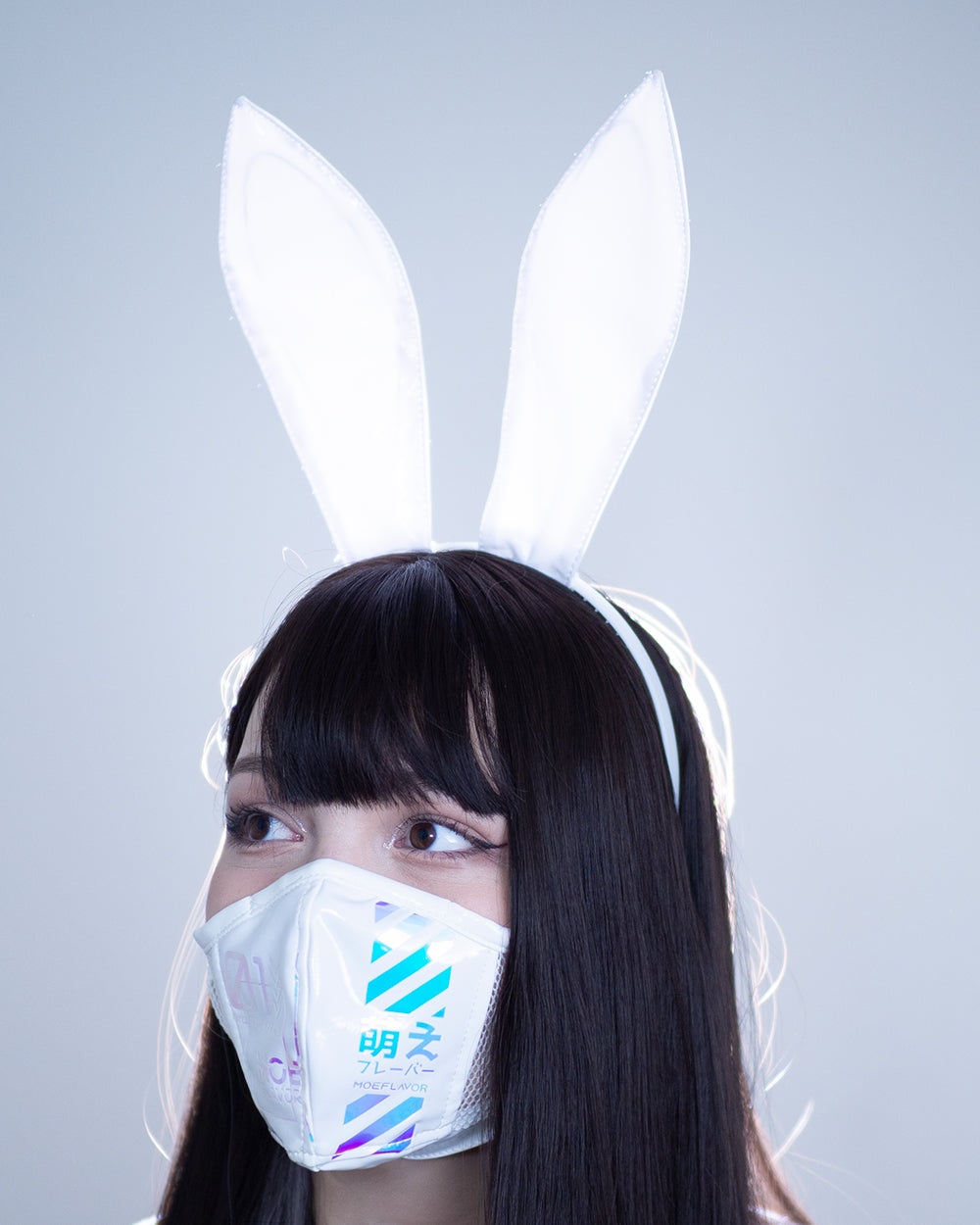 Cyber Rabbit Mask White/Black Glossy Faux Latex Vinyl Cyberpunk Bunny Face Mask with ...