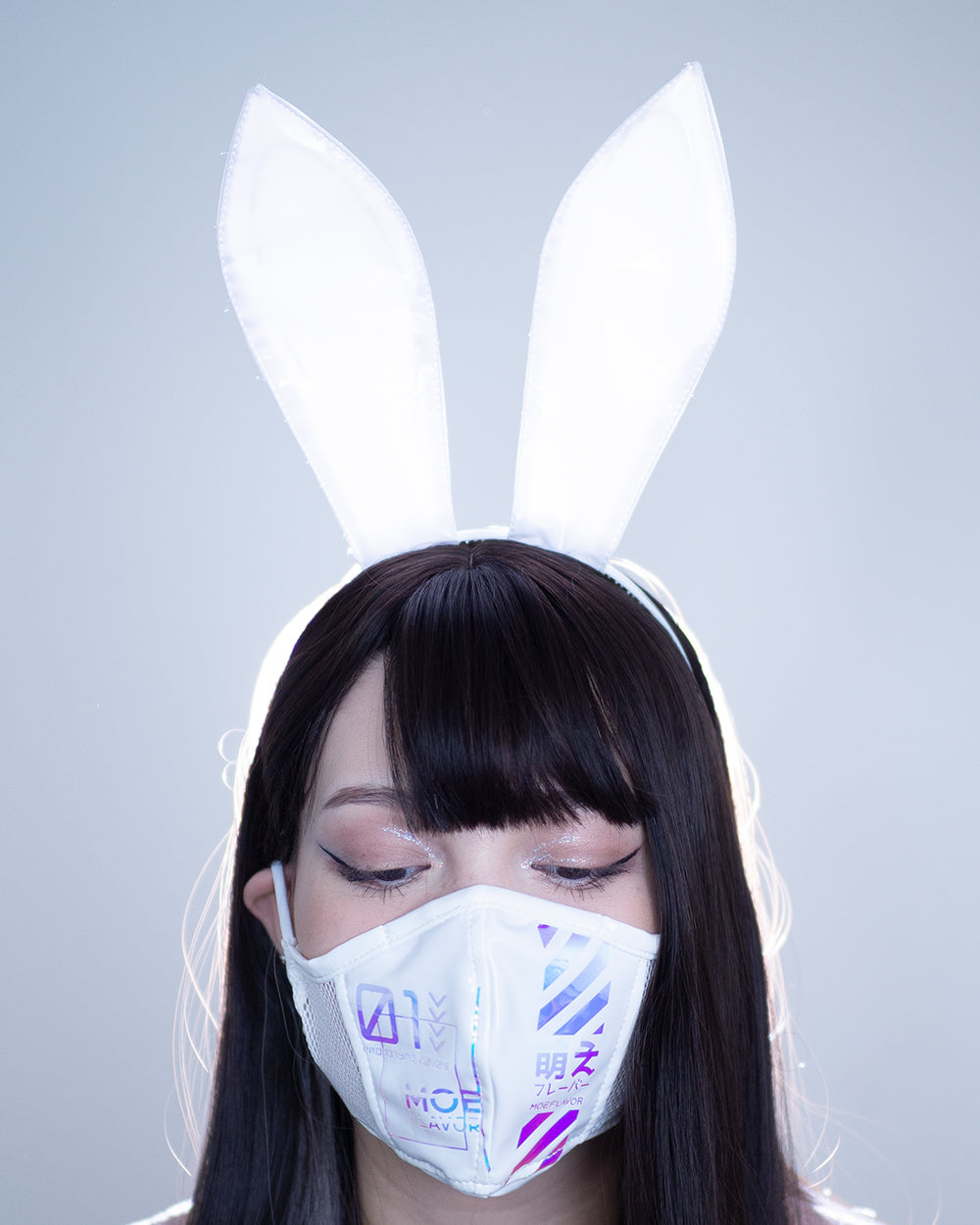 Cyber Rabbit Mask White/Black Glossy Faux Latex Vinyl Cyberpunk Bunny Face Mask with ...
