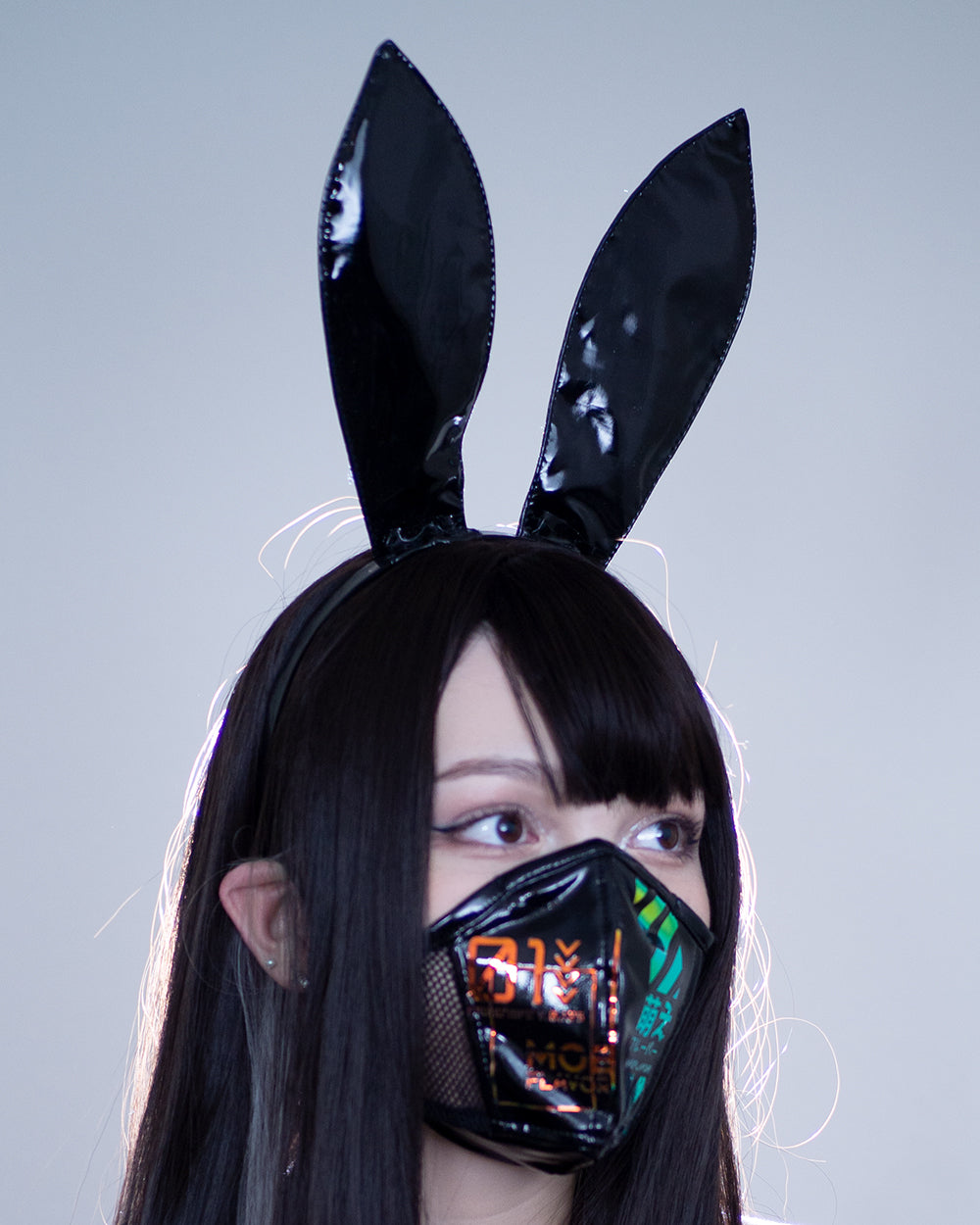 Cyber Rabbit Mask White/Black Glossy Faux Latex Vinyl Cyberpunk Bunny Face Mask with ...